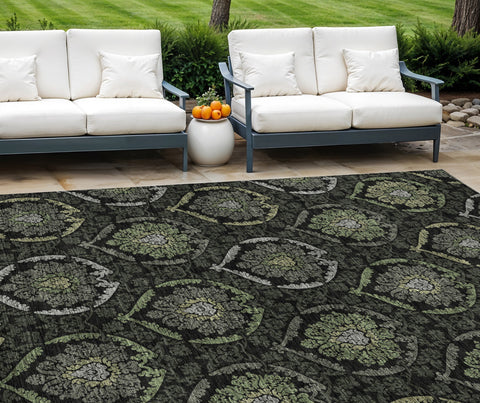 8' X 10' Green Gray And Charcoal Medallion Washable Indoor Outdoor Area Rug