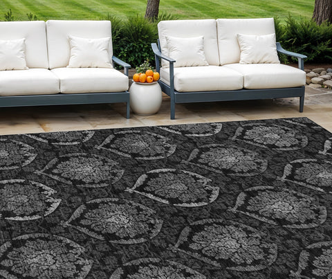 8' X 10' Gray Charcoal And Silver Medallion Washable Indoor Outdoor Area Rug