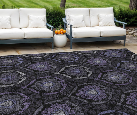 8' X 10' Purple Charcoal And Gray Medallion Washable Indoor Outdoor Area Rug