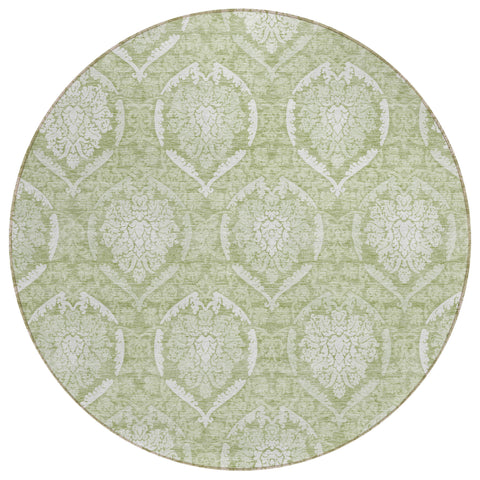 8' Artichoke Green And Ivory Round Medallion Washable Indoor Outdoor Area Rug