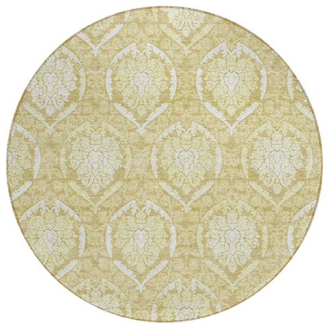 8' Gold Wheat And Ivory Round Medallion Washable Indoor Outdoor Area Rug