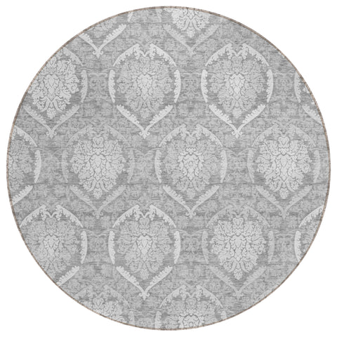 8' Gray And Silver Round Medallion Washable Indoor Outdoor Area Rug