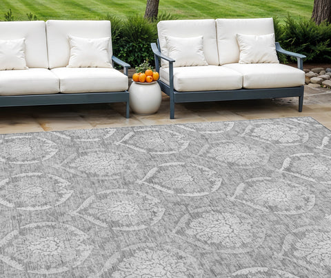8' X 10' Gray And Silver Medallion Washable Indoor Outdoor Area Rug
