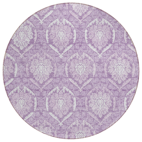 8' Plum Purple And Ivory Round Medallion Washable Indoor Outdoor Area Rug