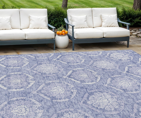 8' X 10' Sky Blue And Denim Blue Medallion Washable Indoor Outdoor Area Rug