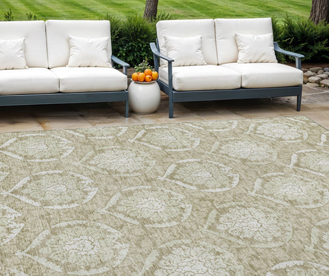 8' X 10' Tan And Beige Medallion Washable Indoor Outdoor Area Rug