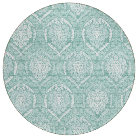 8' Turquoise Teal Blue And Ivory Round Medallion Washable Indoor Outdoor Area Rug
