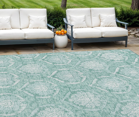 8' X 10' Turquoise Teal Blue And Ivory Medallion Washable Indoor Outdoor Area Rug