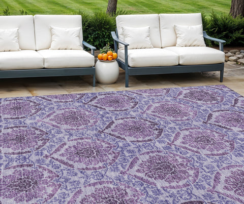 8' X 10' Eggplant Purple And Silver Medallion Washable Indoor Outdoor Area Rug