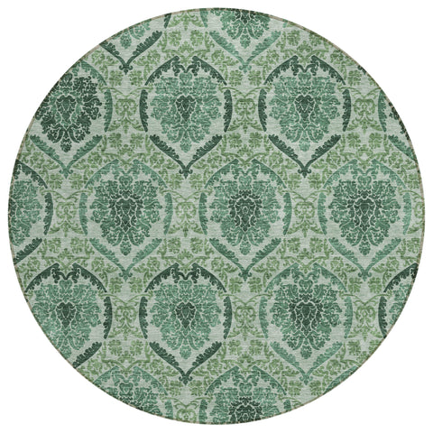 8' Fern Green And Emerald Round Medallion Washable Indoor Outdoor Area Rug