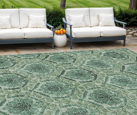 8' X 10' Fern Green And Emerald Medallion Washable Indoor Outdoor Area Rug
