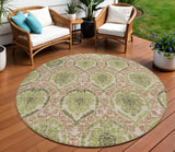 8' Olive Green And Fern Green Round Medallion Washable Indoor Outdoor Area Rug
