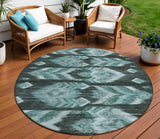8' Teal Blue Aqua And Charcoal Round Southwestern Washable Indoor Outdoor Area Rug