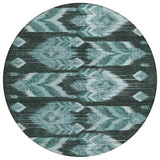 8' Teal Blue Aqua And Charcoal Round Southwestern Washable Indoor Outdoor Area Rug