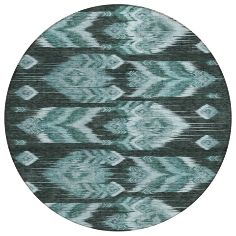 8' Teal Blue Aqua And Charcoal Round Southwestern Washable Indoor Outdoor Area Rug