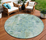 8' Teal Blue Green And Ivory Round Abstract Washable Indoor Outdoor Area Rug
