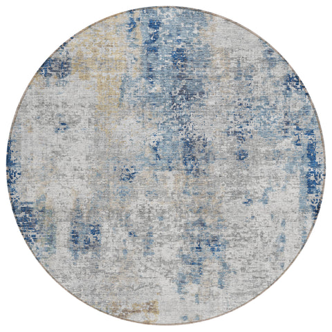 8' Denim Blue And Sky Blue Round Abstract Washable Indoor Outdoor Area Rug