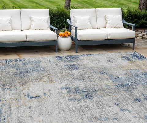 8' X 10' Denim Blue And Sky Blue Abstract Washable Indoor Outdoor Area Rug