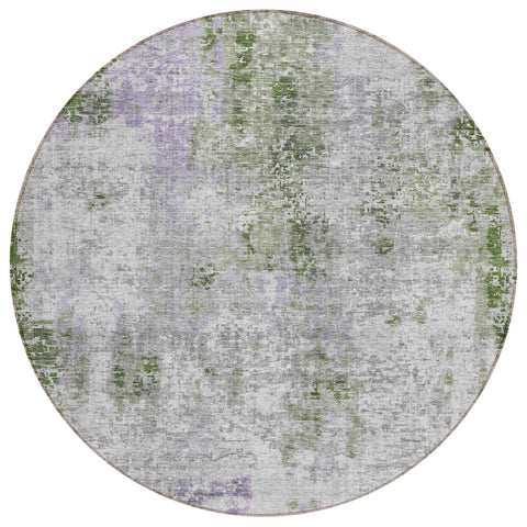 8' Olive Green And Gray Round Abstract Washable Indoor Outdoor Area Rug