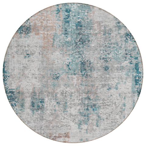 8' Teal Blue Beige And Copper Round Abstract Washable Indoor Outdoor Area Rug