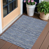 3' X 5' Navy Blue And Denim Blue Striped Washable Indoor Outdoor Area Rug