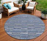 8' Navy Blue And Denim Blue Round Striped Washable Indoor Outdoor Area Rug
