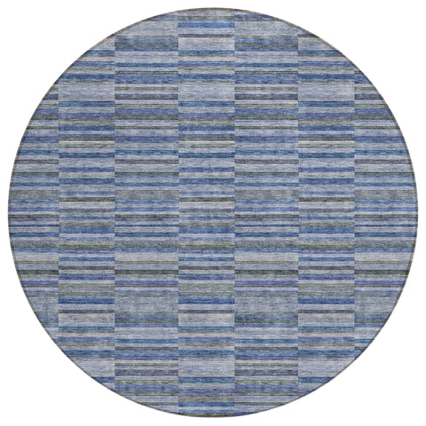8' Navy Blue And Denim Blue Round Striped Washable Indoor Outdoor Area Rug