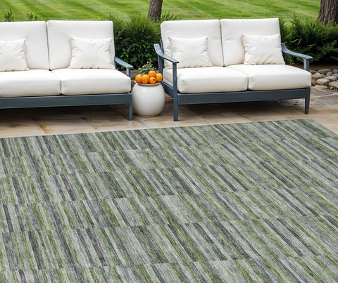 8' X 10' Olive Green And Gray Striped Washable Indoor Outdoor Area Rug