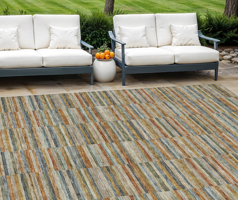 8' X 10' Orange Copper And Gray Striped Washable Indoor Outdoor Area Rug