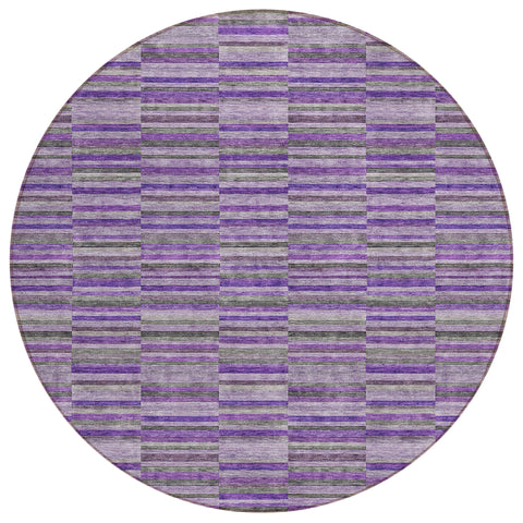 8' Purple And Lavender Round Striped Washable Indoor Outdoor Area Rug