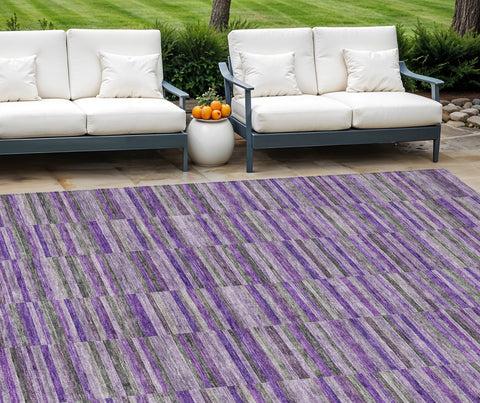 8' X 10' Purple And Lavender Striped Washable Indoor Outdoor Area Rug