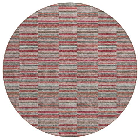 8' Red Beige And Copper Round Striped Washable Indoor Outdoor Area Rug
