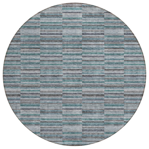 8' Teal Blue Aqua And Gray Round Striped Washable Indoor Outdoor Area Rug