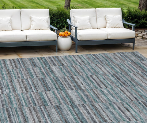 8' X 10' Teal Blue Aqua And Gray Striped Washable Indoor Outdoor Area Rug