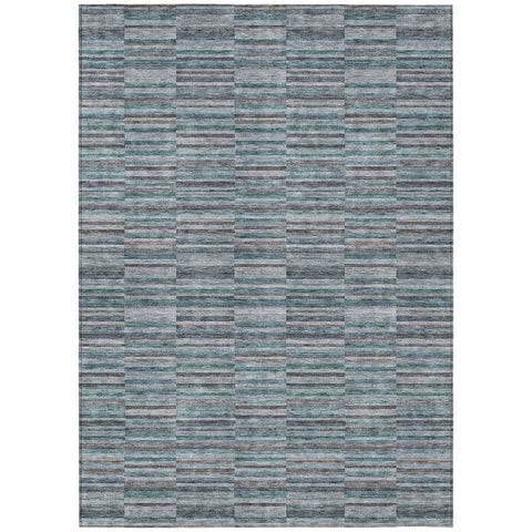 8' X 10' Teal Blue Aqua And Gray Striped Washable Indoor Outdoor Area Rug