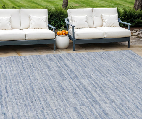 8' X 10' Sky Blue And Denim Blue Striped Washable Indoor Outdoor Area Rug