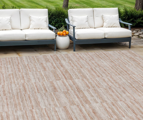 8' X 10' Salmon Copper And Beige Striped Washable Indoor Outdoor Area Rug