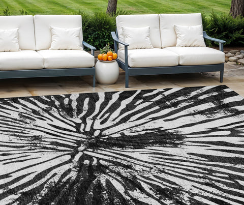 8' X 10' Black Charcoal And Ivory Abstract Washable Indoor Outdoor Area Rug