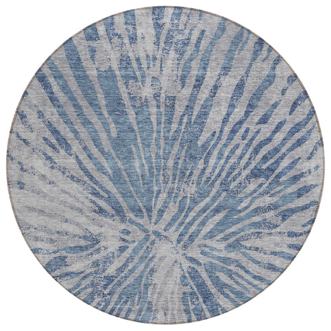 8' Blue Gray And Silver Round Abstract Washable Indoor Outdoor Area Rug