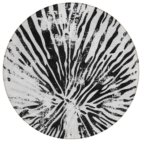 8' Ivory Black And Gray Round Abstract Washable Indoor Outdoor Area Rug