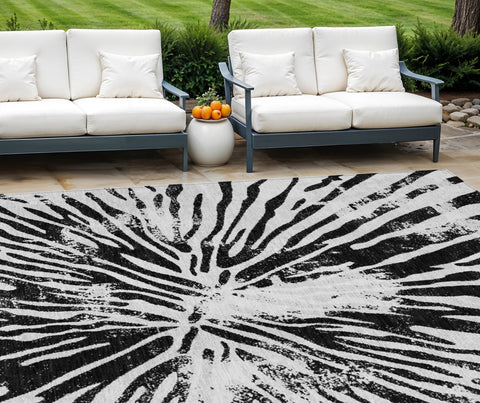 8' X 10' Ivory Black And Gray Abstract Washable Indoor Outdoor Area Rug