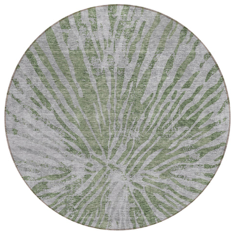 8' Olive Green Gray And Silver Round Abstract Washable Indoor Outdoor Area Rug