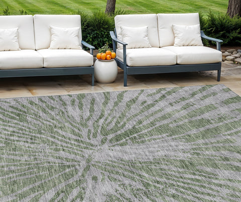 8' X 10' Olive Green Gray And Silver Abstract Washable Indoor Outdoor Area Rug