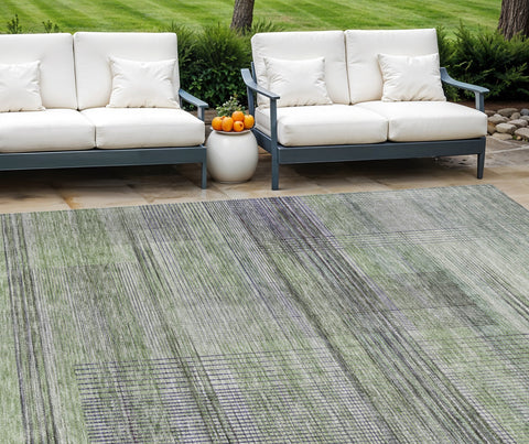 8' X 10' Artichoke Green Purple And Fern Green Striped Washable Indoor Outdoor Area Rug