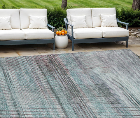 8' X 10' Teal Blue Gray And Charcoal Striped Washable Indoor Outdoor Area Rug