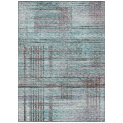 8' X 10' Teal Blue Gray And Charcoal Striped Washable Indoor Outdoor Area Rug