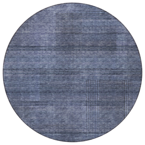 8' Navy Blue And Gray Round Striped Washable Indoor Outdoor Area Rug