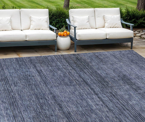 8' X 10' Navy Blue And Gray Striped Washable Indoor Outdoor Area Rug