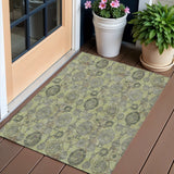 3' X 5' Artichoke Green And Gray Damask Washable Indoor Outdoor Area Rug
