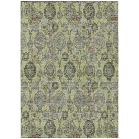 3' X 5' Artichoke Green And Gray Damask Washable Indoor Outdoor Area Rug